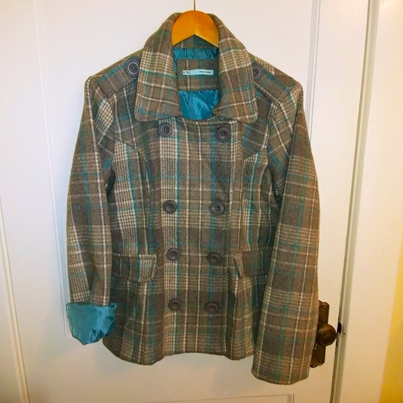 EUC blue & gray plaid pea coat sz XL - Picture 1 of 5
